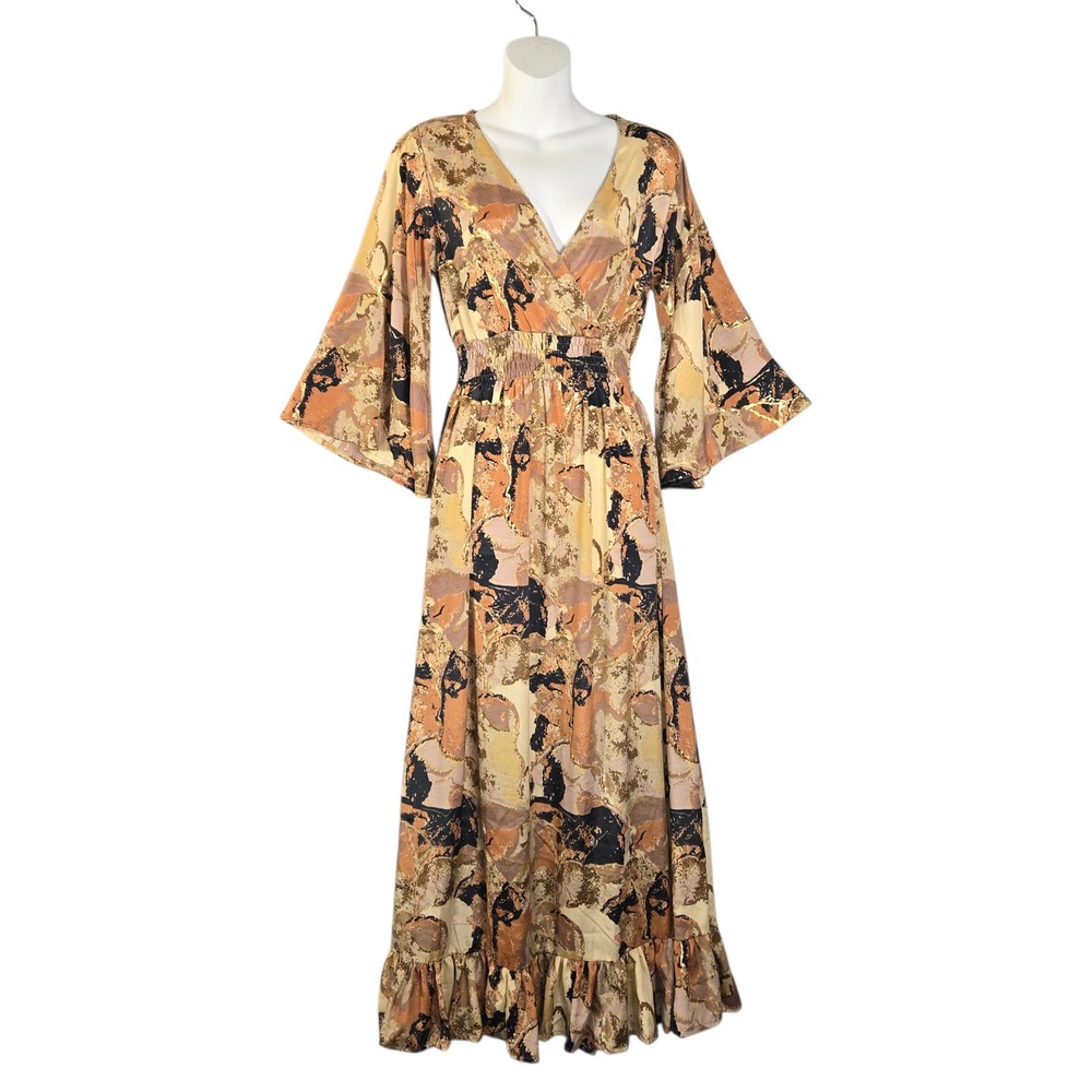 Paani Maxi Dress Womens Size S Abstract Earthy Metallic Bell Sleeve Smocked Boho
